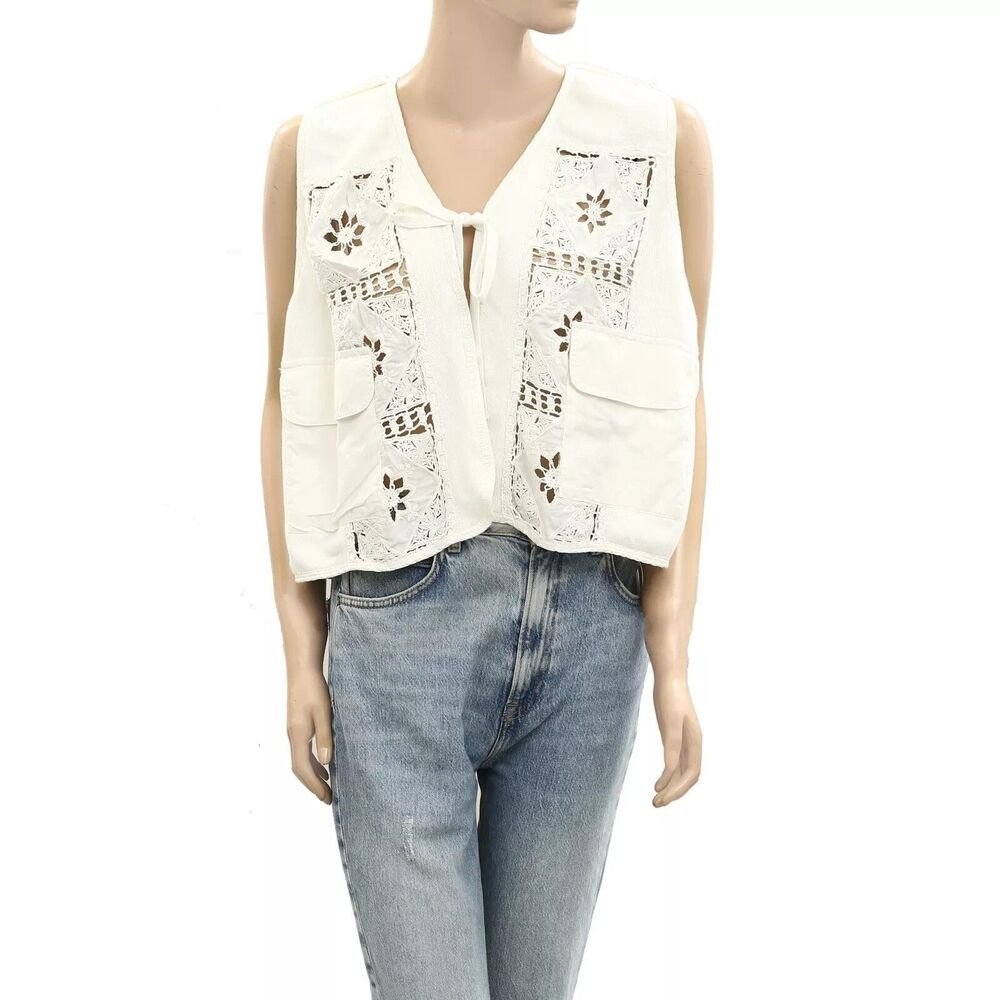 Free People Wonderstruck Vest Blouse Top Floral Crochet Lace Tie Ivory M 279557 - Picture 5 of 8
